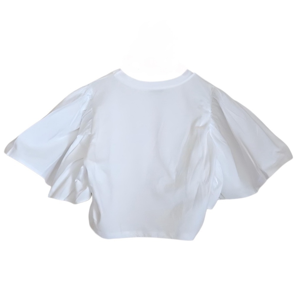(NWOT) ZARA White Ruffled Crop Top | Puff Bell Sleeves Ruched Hem | Size Small - Picture 9 of 10